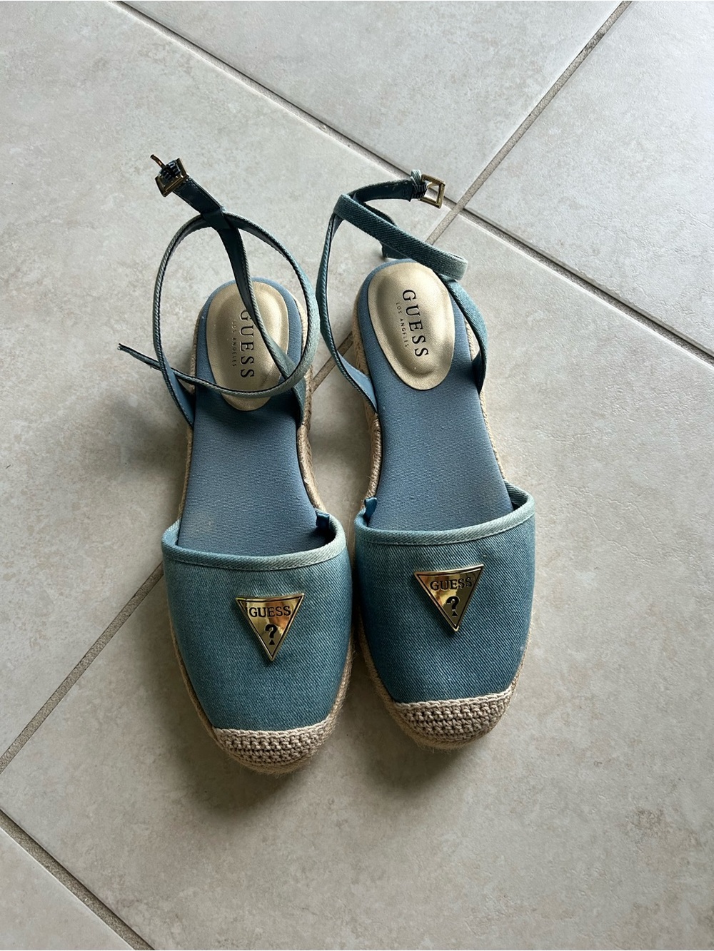 GUESS Light Blue Espadrille Ankle-Strap Flats with Gold Logo